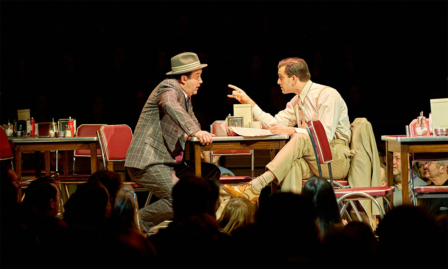 Guys and Dolls.Daniel Mays (Nathan Detroit) and Andrew Richardson (Sky Masterson), photo by Manuel Harlan