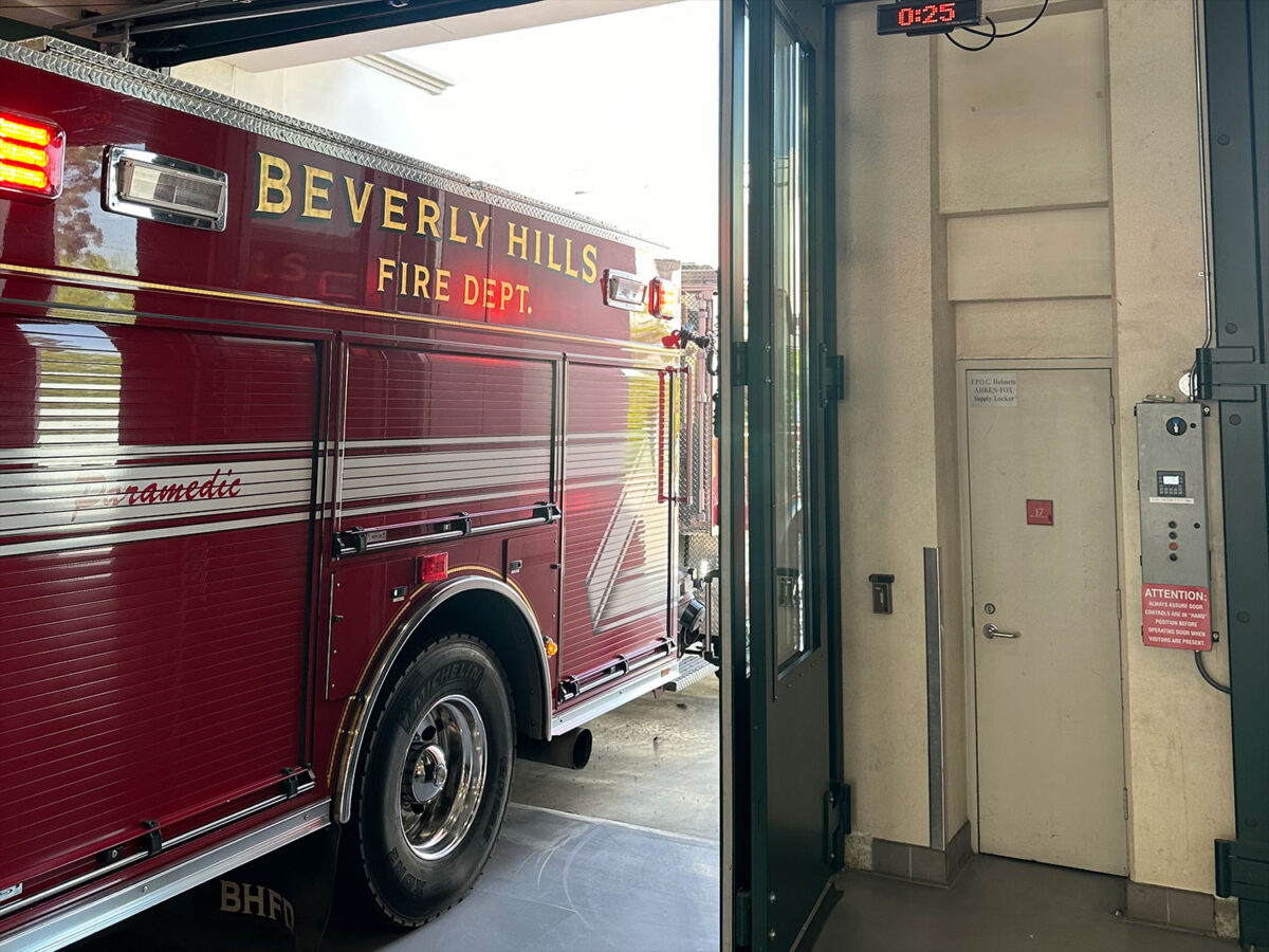 Beverly Hills Fire Department Fire Truck partially pulled into the fire station