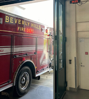 Beverly Hills Fire Department Fire Truck partially pulled into the fire station
