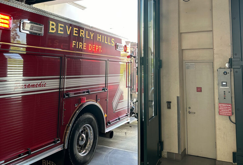 Beverly Hills Fire Department Fire Truck partially pulled into the fire station