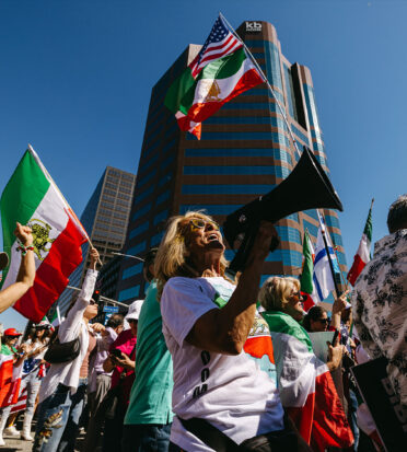 Rally attendees celebrate the US attack on Iran