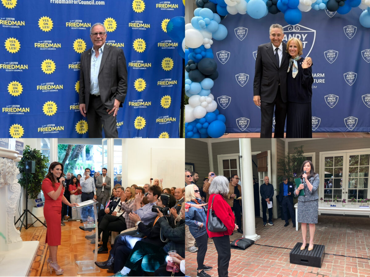 Top Left: Lester Friedman offi cially launched his campaign. Photo by Jessica Ogilvie; Top Right: Andy and Lisa Licht hosted supporters at a private home. Photo by Jessica Ogilvie; Bottom Left: Sharona Nazarian speaks to supporters at her campaign kickoff. Photo courtesy of Sharona Nazarian; Bottom Right: Rebecca Pynoos at her City Council kickoff Photo by By Sam Mulick