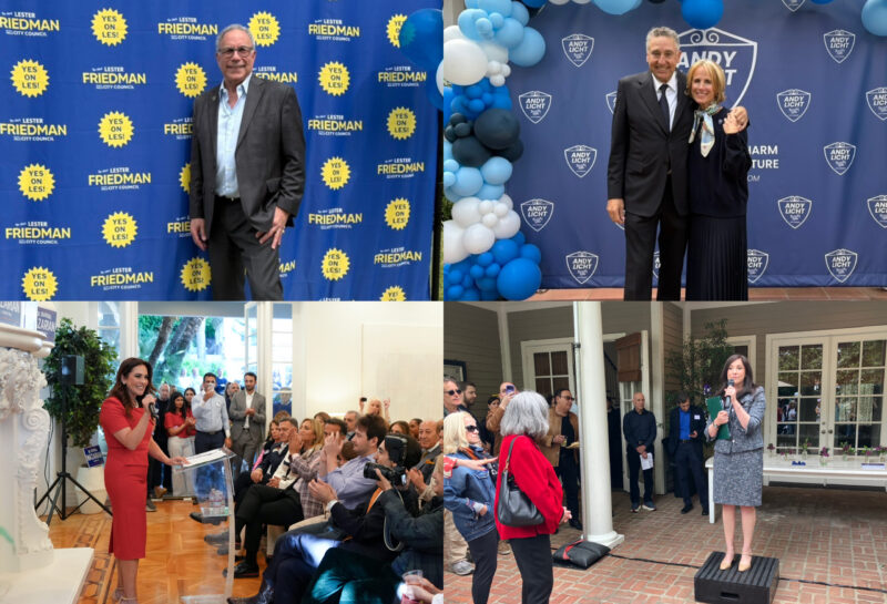 Top Left: Lester Friedman offi cially launched his campaign. Photo by Jessica Ogilvie; Top Right: Andy and Lisa Licht hosted supporters at a private home. Photo by Jessica Ogilvie; Bottom Left: Sharona Nazarian speaks to supporters at her campaign kickoff. Photo courtesy of Sharona Nazarian; Bottom Right: Rebecca Pynoos at her City Council kickoff Photo by By Sam Mulick