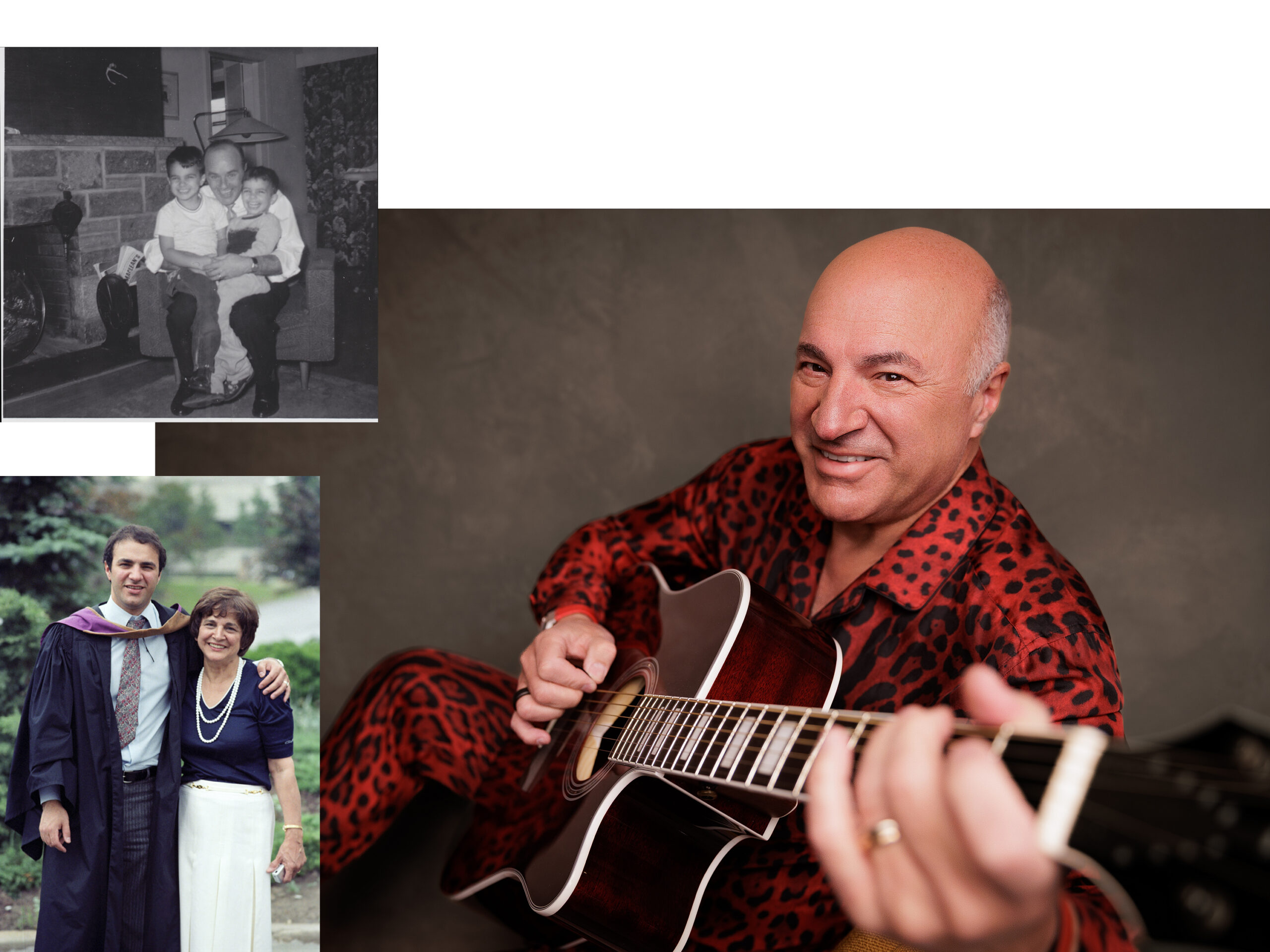 Top Left: Kevin and shane with terry in Montrealbottom left: Kevin and his mother, Georgette at his Master's degree graduation Photos courtesy of kevin o'leary Right: Kevin o'leary displaying his signature sense of style and talent on guitar Photo by sarah orbanic
