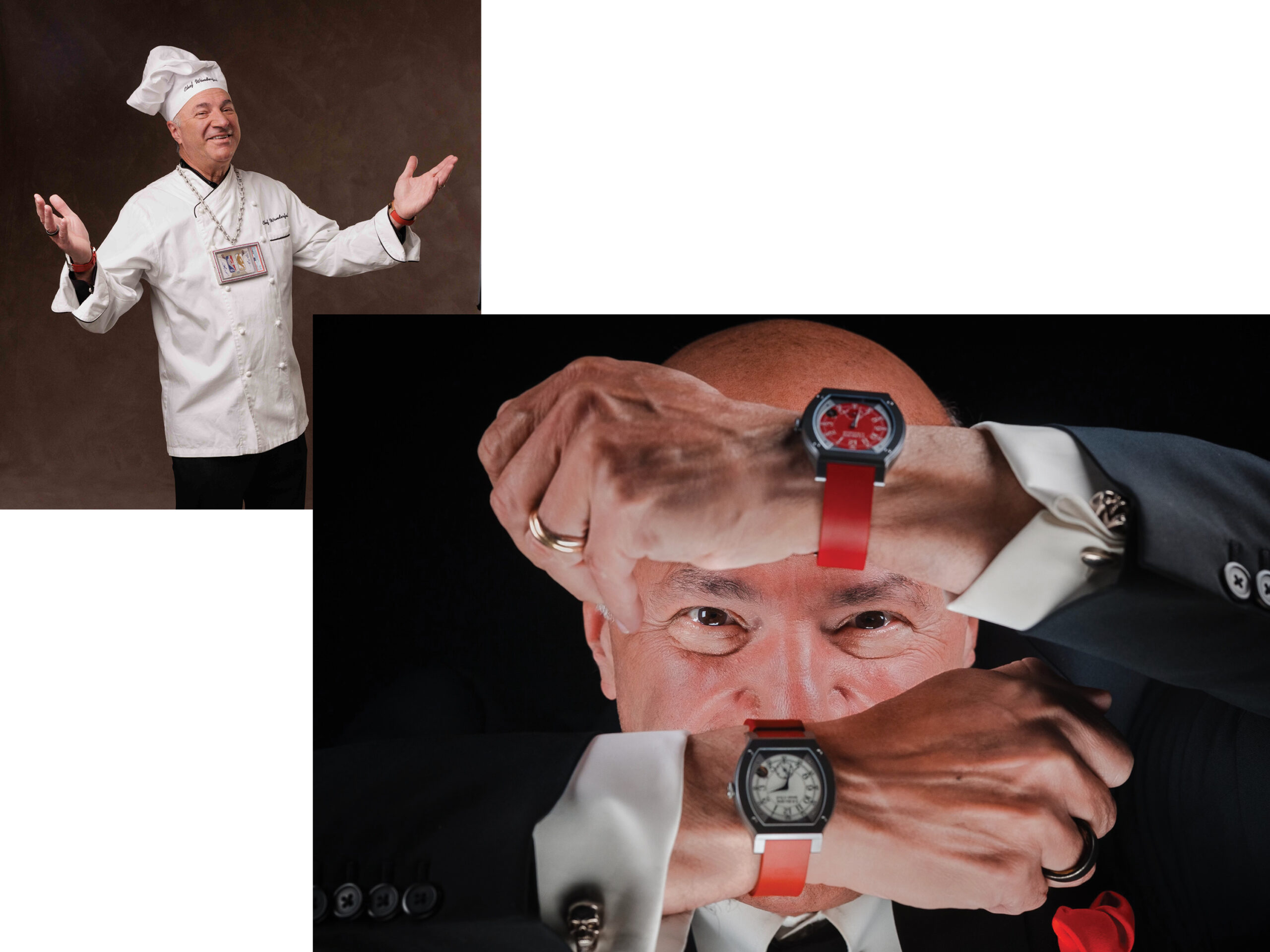 Top Left: Chef WonderfulPhoto by Sarah Orbanic Right: Kevin with two more of his timepieces, featuring his signature pantone 45c red bands Photo by David Jon Photography, courtesy of Kevin O’leary