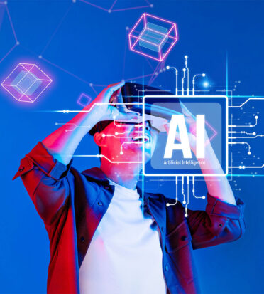 Graphic depicting a person in virtual reality with the letters 