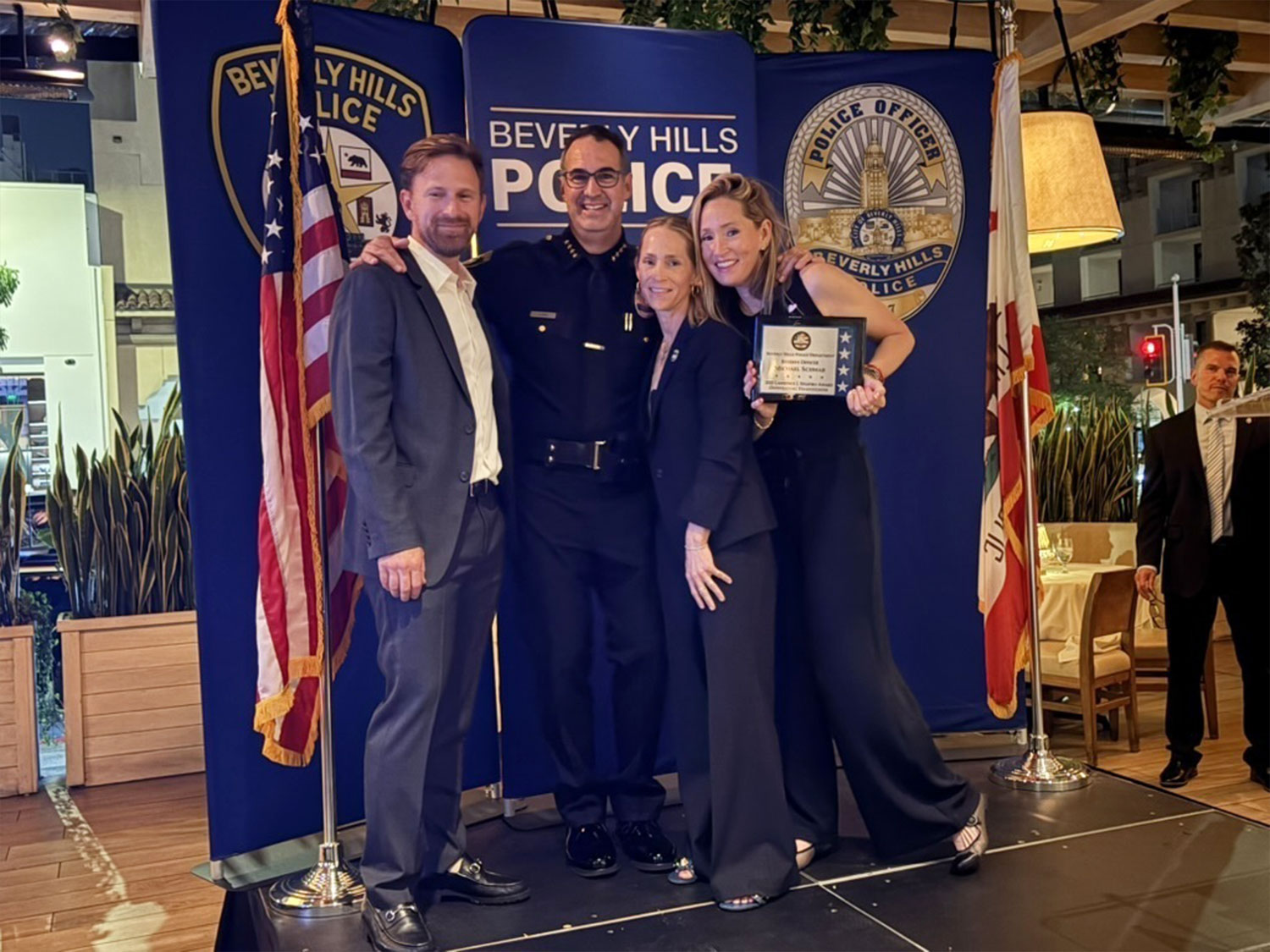L-R: Matthew Schwab, Chief Max Subin, Barrie Schwab and Sydney Schwab Meller. The Schwabs accepted the Lawrence I. Shapiro Award on behalf of their late father Michael Schwab.