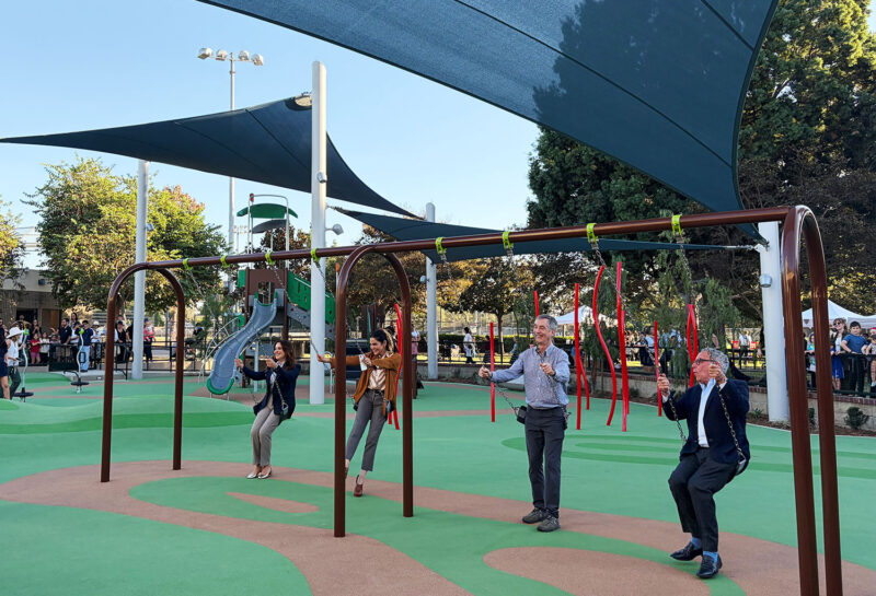Mayor Craig Corman and members of the City Council tried out the new equipment at La Cienega playground.